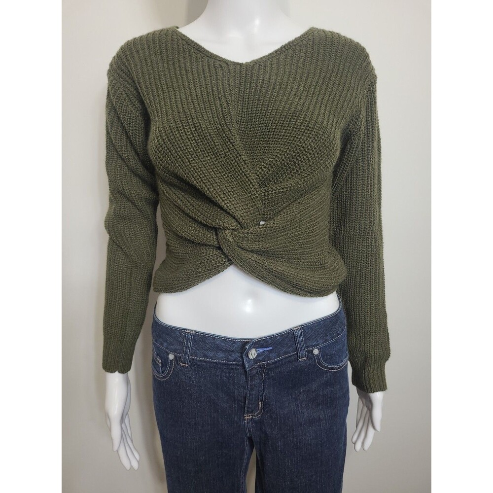 Poof Apparel Sweater Womens Size Small Green Twist Front